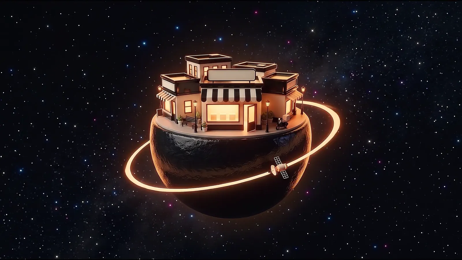 Pequeno planeta com lojas iluminadas e um anel de luz em volta, no espaço