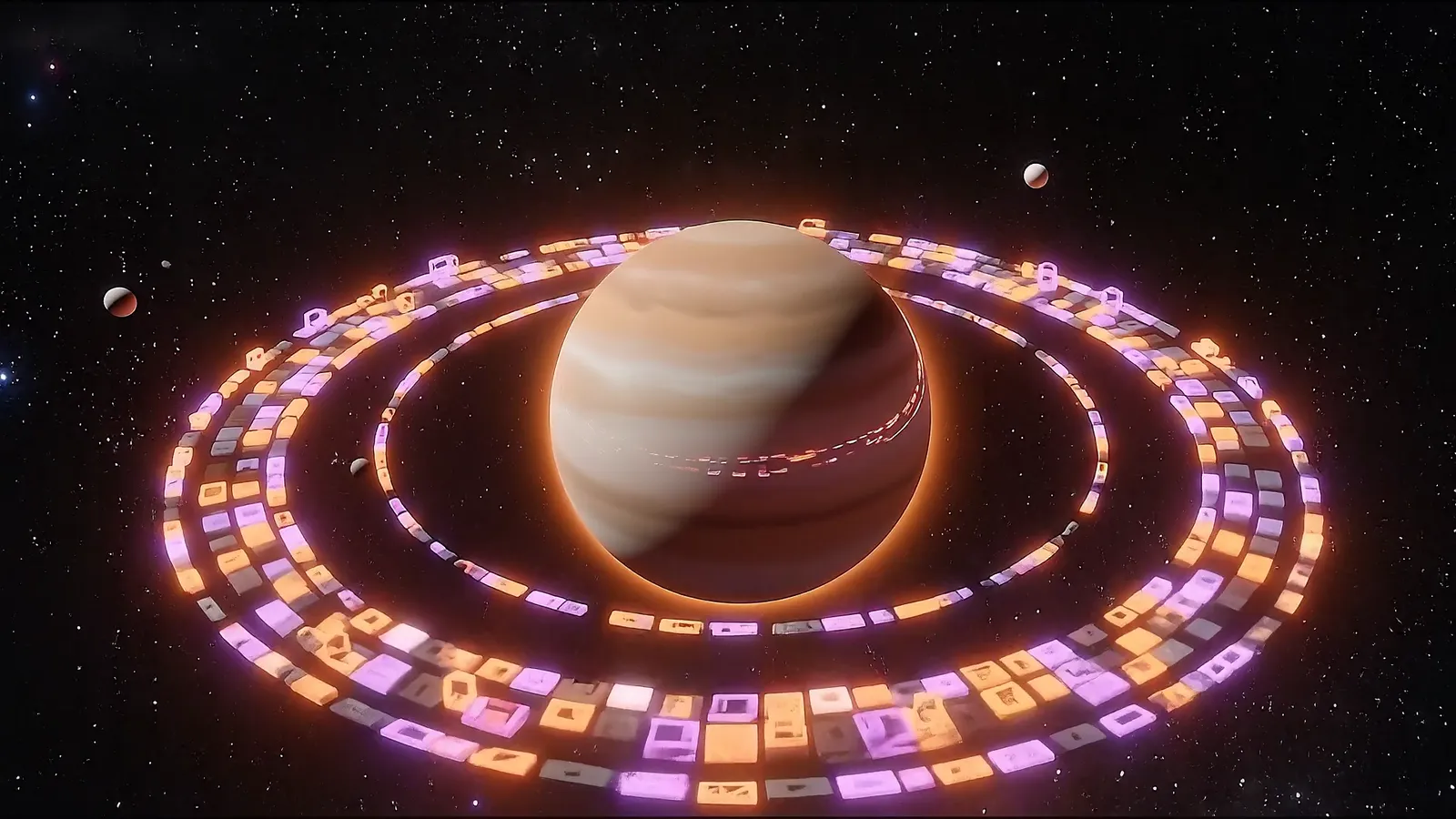 Planeta visto de cima, rodeado por anéis de pequenos quadros coloridos