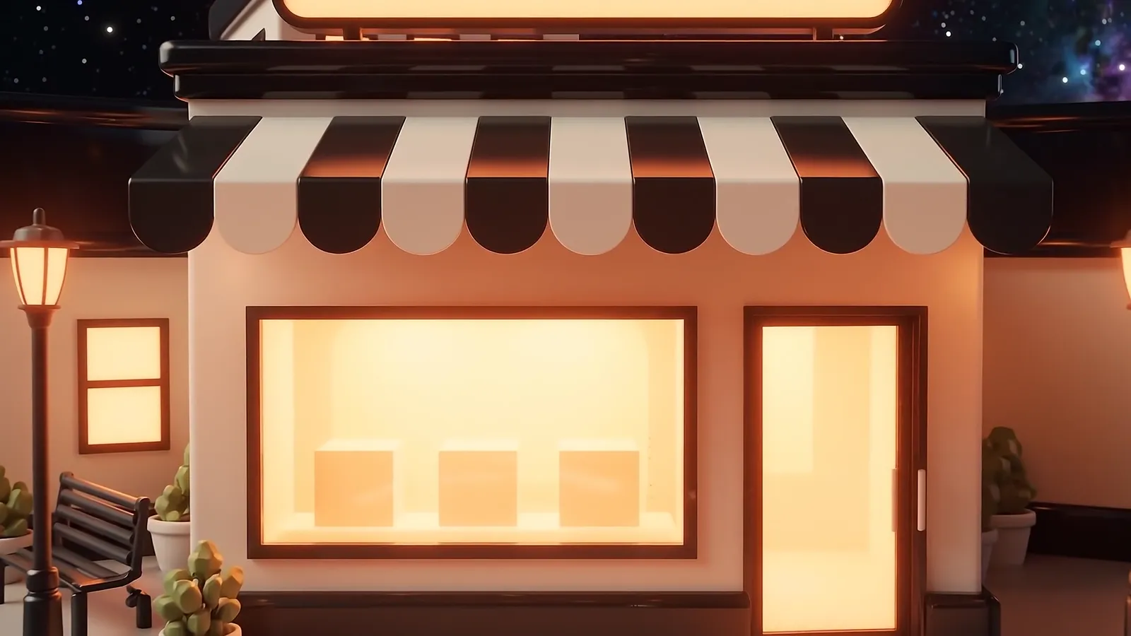 Fachada iluminada de uma loja em miniatura, com toldo listrado e vitrine acesa