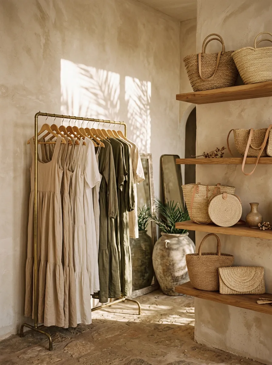 Interior de uma loja com vestidos de linho em uma arara e bolsas de palha